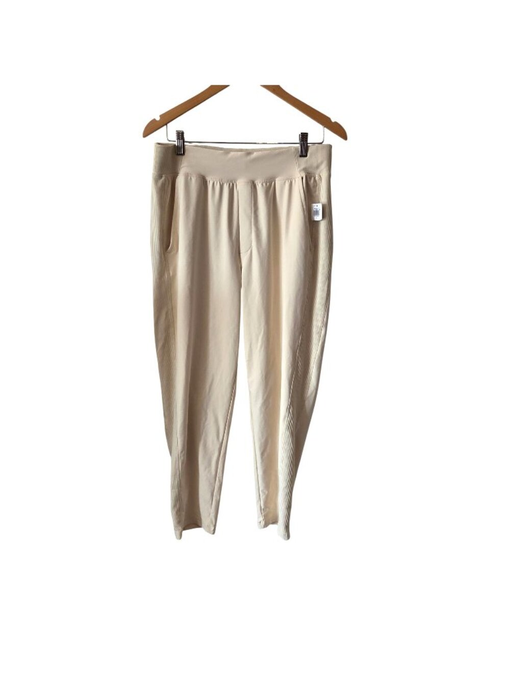 Old Navy Womens L High-Waisted Beige Powersoft Joggers Ribbed Panels Pockets NEW